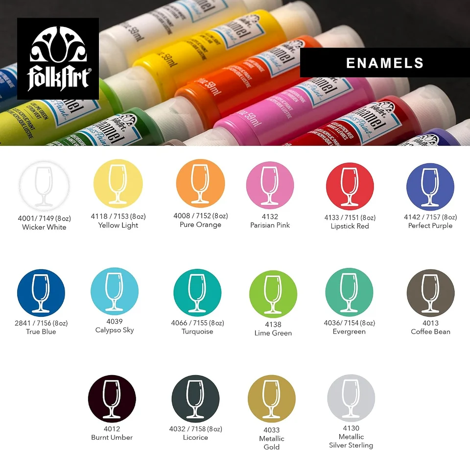 The Enamels set gallery pairs its bottles with a color reference. Use a physical painted sample to judge color and coverage.