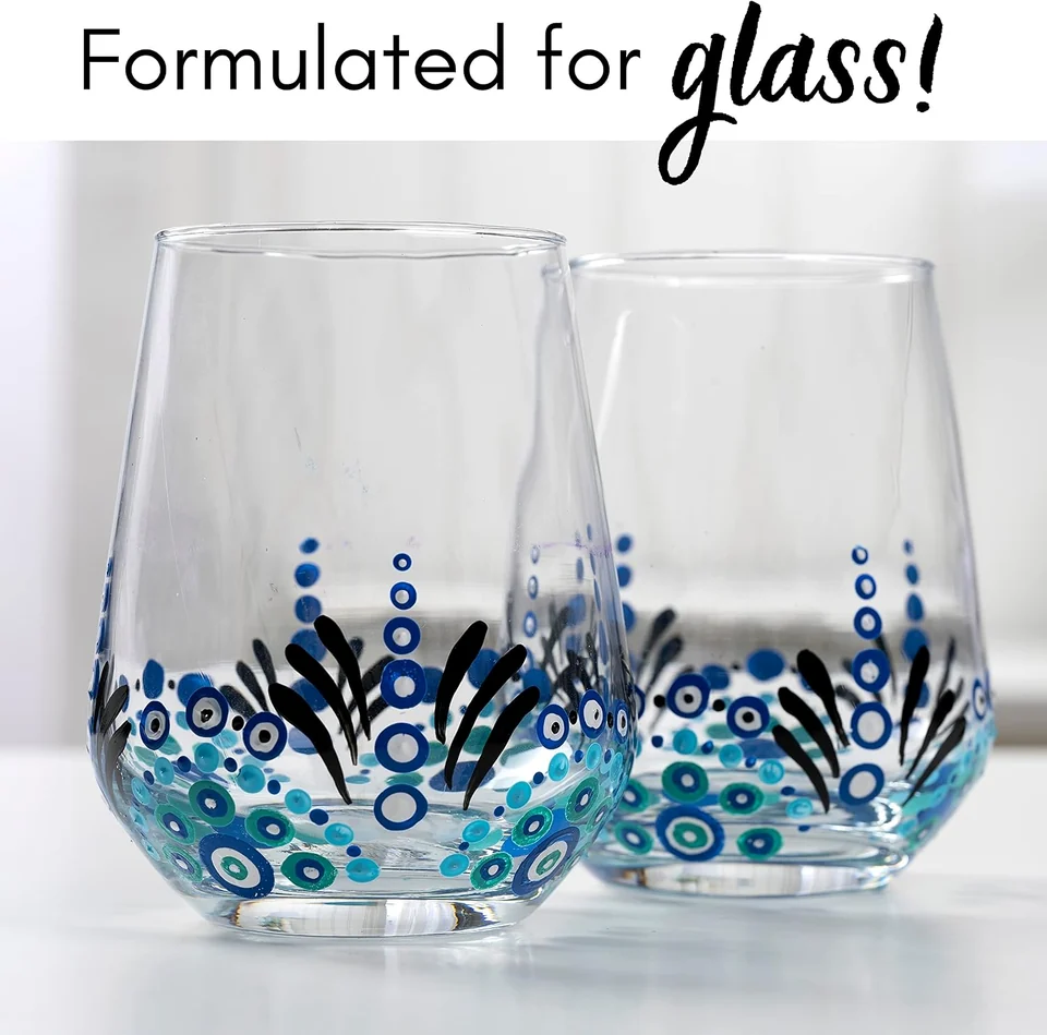 A glass-painting example from the Enamels gallery shows a decorative pattern below the rim. Pictured colors are illustrative.